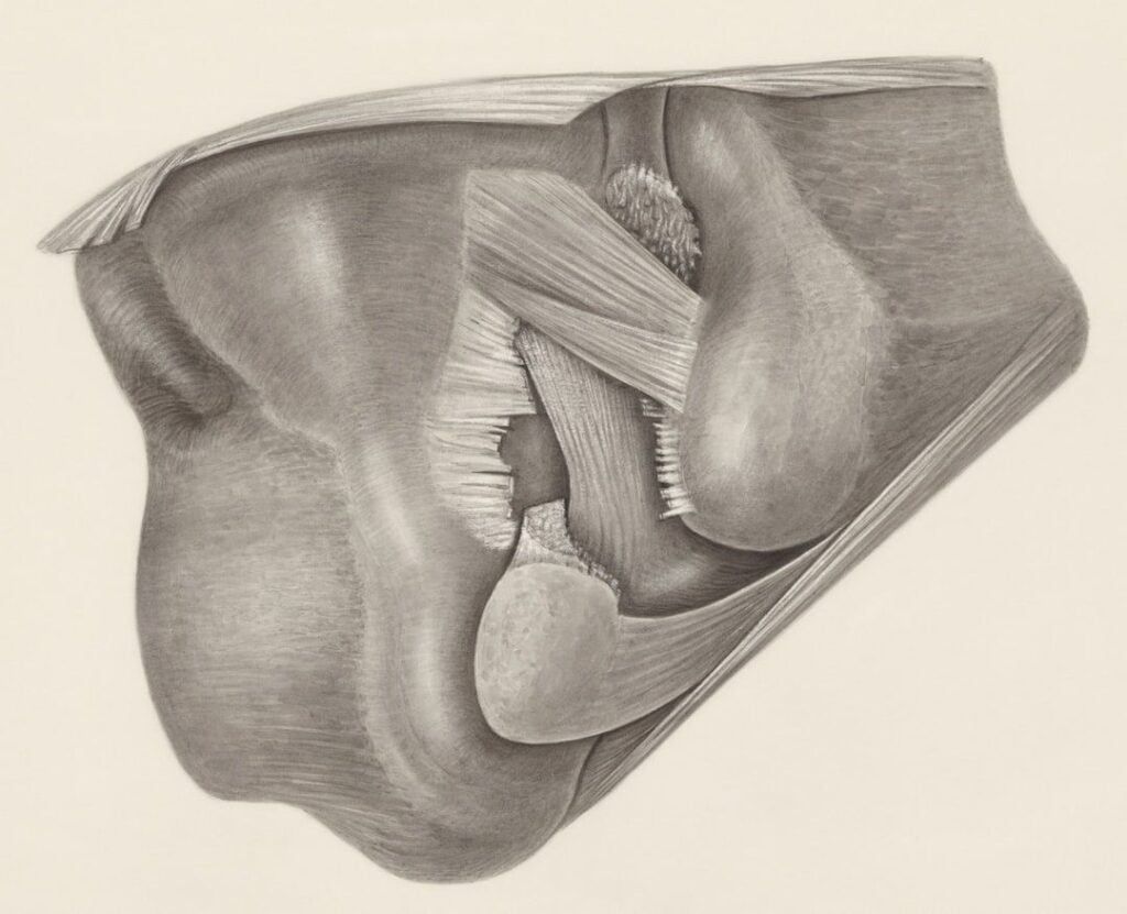 Anatomische Zeichnung der Hüfte mit sichtbaren Muskeln und Gelenk